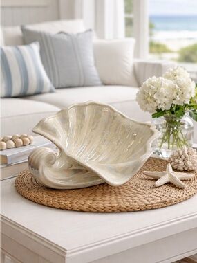 Vintage Iridescent Glazed Ceramic Seashell Shaped Bowl or Dish